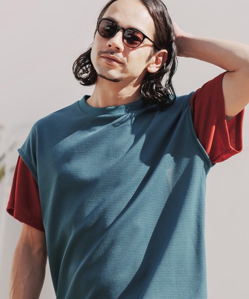 many more times(メニーモアタイムス)の「mt7755-ドロップショルダーワッフルTシャツ(Tシャツ/カットソー・メンズ・ブルーグリーン/カーキ/ホワイト・L/S/M)」の10枚目の写真