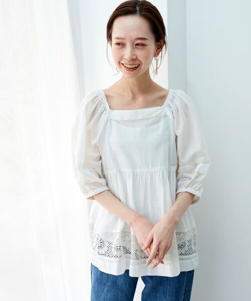 le.coeur blanc（ルクールブラン）の「フラワーレースコットンギャザーブラウス（シャツ/ブラウス・レディース・オフホワイト/ブラック・38）」の6枚目の写真