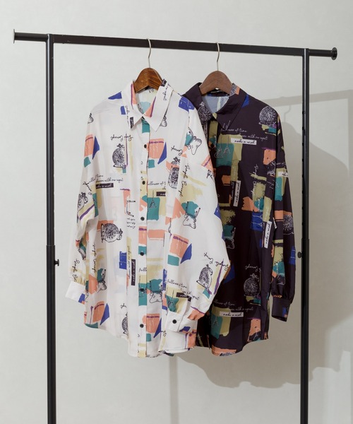 SpRay（スプレイ）の「小物柄　ＢＩＧ　シャツ（シャツ/ブラウス・レディース・ブラック/アイボリー・FREE）」の5枚目の写真