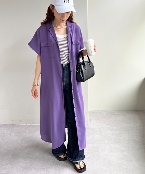 DISCOAT(ディスコート)の「開襟シャツワンピース(シャツワンピース・レディース・パープル/ベージュ/ネイビー/オフホワイト・FREE)」の4枚目の写真