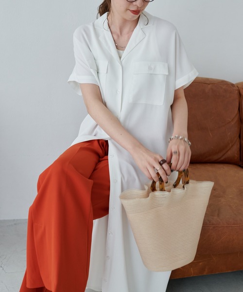 DISCOAT(ディスコート)の「開襟シャツワンピース(シャツワンピース・レディース・パープル/ベージュ/ネイビー/オフホワイト・FREE)」の1枚目の写真