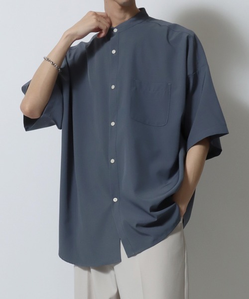 SITRY（シトリー）の「Oversize Drop shoulder Stretch Band Collar shirt/オーバーサイズ ドロップショルダー ストレッチ バンドカラーシャツ（シャツ/ブラウス・メンズ・ホワイト/チャコールグレー/サックスブルー/グリーン/グレイッシュベージュ/ネイビー/パープル/ブラック・M/L/XL）」の11枚目の写真