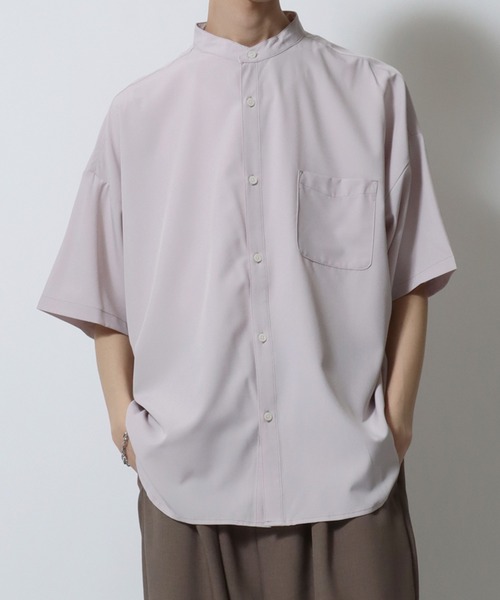 SITRY（シトリー）の「Oversize Drop shoulder Stretch Band Collar shirt/オーバーサイズ ドロップショルダー ストレッチ バンドカラーシャツ（シャツ/ブラウス・メンズ・ホワイト/チャコールグレー/サックスブルー/グリーン/グレイッシュベージュ/ネイビー/パープル/ブラック・M/L/XL）」の14枚目の写真