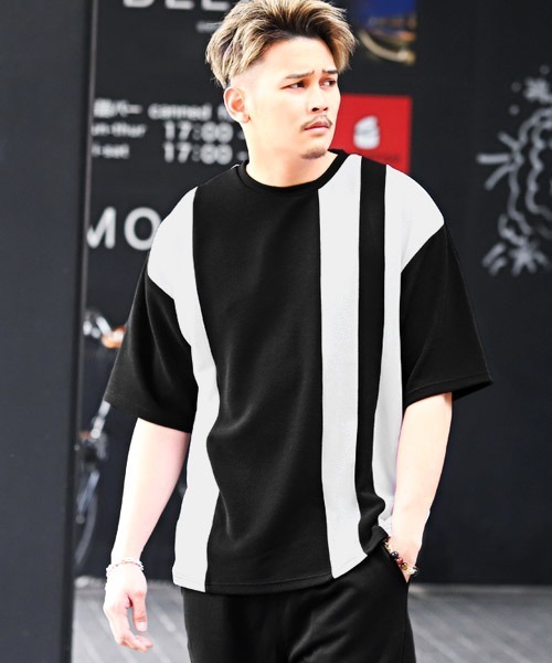 LUXSTYLE（ラグスタイル）の「梨地切替BIGTシャツ（Tシャツ/カットソー・メンズ・ホワイト/ブラック/ホワイト系その他/ブラック系その他・M/L）」の4枚目の写真