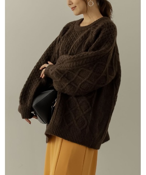 Re:EDIT（リエディ）の「ウールタッチオーバーサイズケーブルニットトップス（ニット/セーター・レディース・アイボリー/ベージュ/ブラウン/パープル・MEDIUM/LARGE）」の14枚目の写真