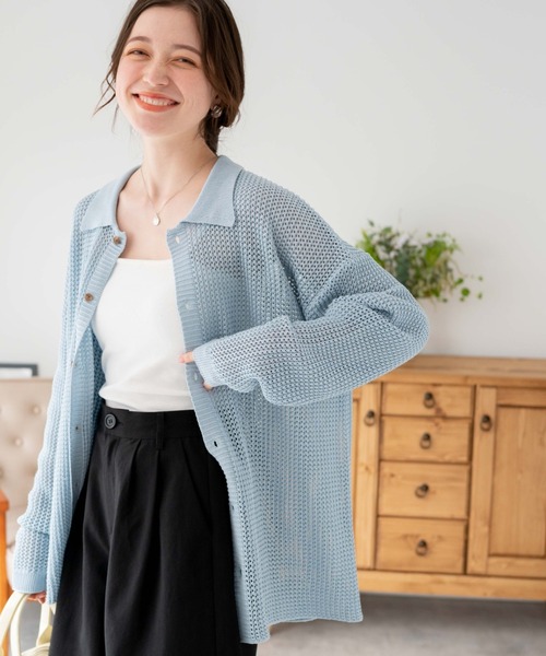 WEGO（ウィゴー）の「WEGO/メッシュニットビッグシャツ（カーディガン/ボレロ・メンズ・レッド/ブラック/マスタード/サックスブルー/アイボリー/グリーン・LARGE/MEDIUM）」の4枚目の写真