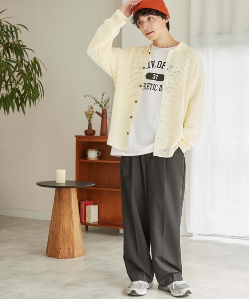 WEGO（ウィゴー）の「WEGO/メッシュニットビッグシャツ（カーディガン/ボレロ・メンズ・レッド/ブラック/マスタード/サックスブルー/アイボリー/グリーン・LARGE/MEDIUM）」の8枚目の写真