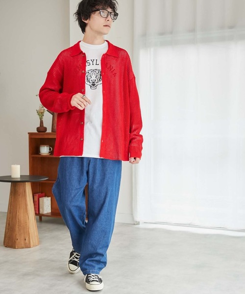 WEGO（ウィゴー）の「WEGO/メッシュニットビッグシャツ（カーディガン/ボレロ・メンズ・レッド/ブラック/マスタード/サックスブルー/アイボリー/グリーン・LARGE/MEDIUM）」の13枚目の写真