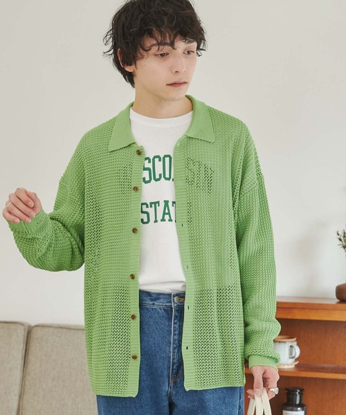 WEGO（ウィゴー）の「WEGO/メッシュニットビッグシャツ（カーディガン/ボレロ・メンズ・レッド/ブラック/マスタード/サックスブルー/アイボリー/グリーン・LARGE/MEDIUM）」の7枚目の写真