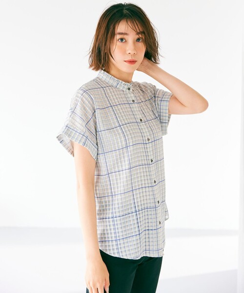 組曲（クミキョク）の「【洗える】シアーチェック ブラウス（シャツ/ブラウス・レディース・イエロー系3/ベージュ系3・3/2）」の2枚目の写真