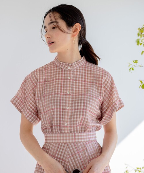 組曲（クミキョク）の「【洗える】シアーチェック ブラウス（シャツ/ブラウス・レディース・イエロー系3/ベージュ系3・3/2）」の4枚目の写真