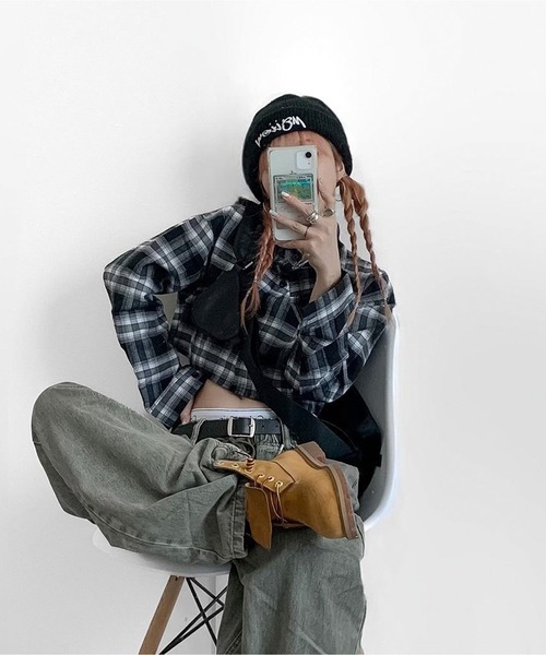 Chick(チック)の「Check Short Shirt / チェックショート丈シャツ(シャツ/ブラウス・レディース・ネイビー系/ブラック系/グリーン・FREE)」の2枚目の写真