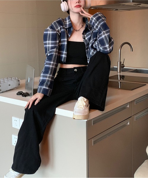 Chick(チック)の「Check Short Shirt / チェックショート丈シャツ(シャツ/ブラウス・レディース・ネイビー系/ブラック系/グリーン・FREE)」の6枚目の写真