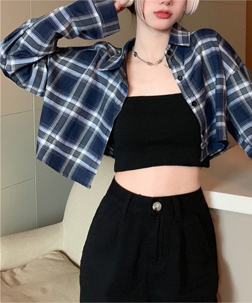 Chick(チック)の「Check Short Shirt / チェックショート丈シャツ(シャツ/ブラウス・レディース・ネイビー系/ブラック系/グリーン・FREE)」の5枚目の写真