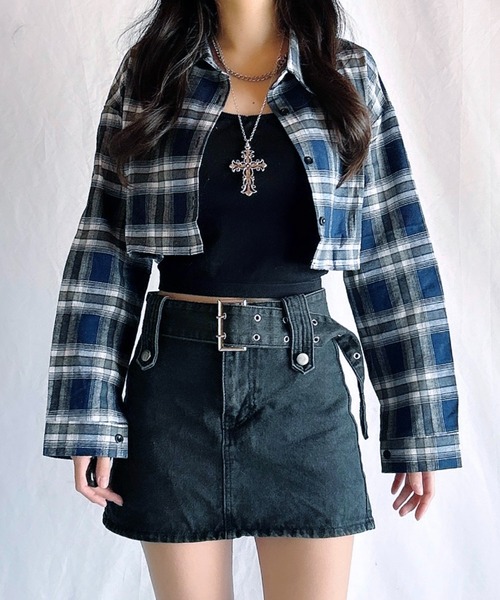 Chick(チック)の「Check Short Shirt / チェックショート丈シャツ(シャツ/ブラウス・レディース・ネイビー系/ブラック系/グリーン・FREE)」の10枚目の写真