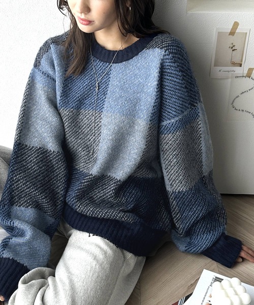 セール】もっちり暖かい。配色ブロックチェックニット（ニット