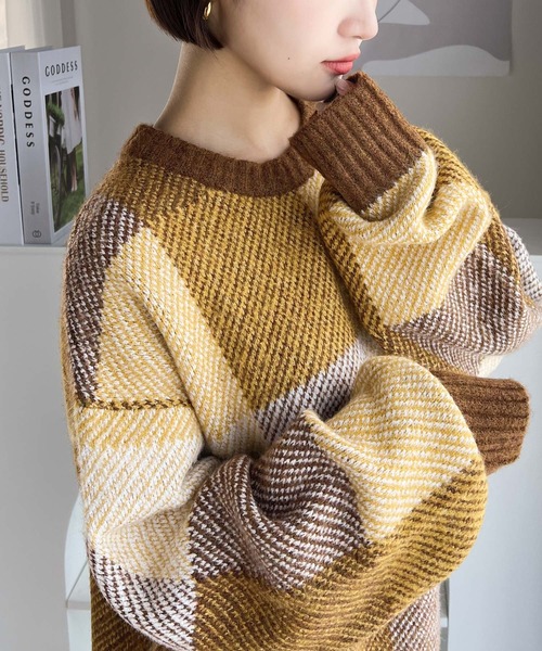 セール】もっちり暖かい。配色ブロックチェックニット（ニット