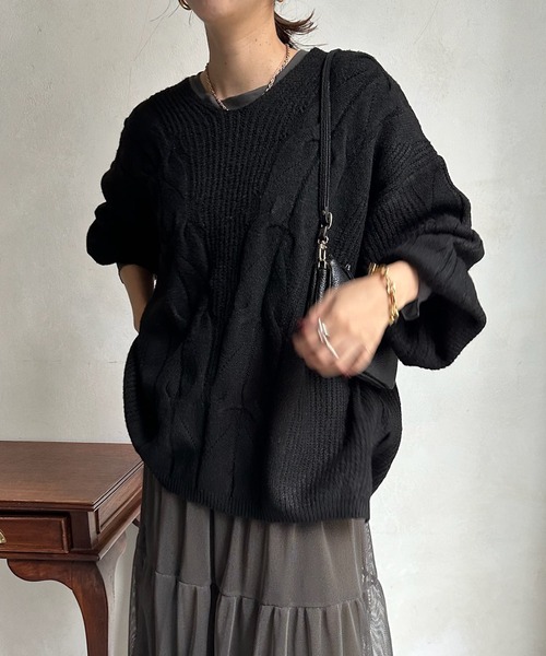 DouDou（ドゥドゥ）の「【新色追加】ケーブルチュニック（ニット/セーター・レディース・チャコールグレー/ベージュ/カーキ/ブラック・FREE）」の8枚目の写真