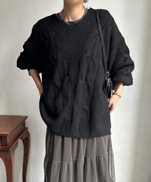 DouDou（ドゥドゥ）の「【新色追加】ケーブルチュニック（ニット/セーター・レディース・チャコールグレー/ベージュ/カーキ/ブラック・FREE）」の7枚目の写真