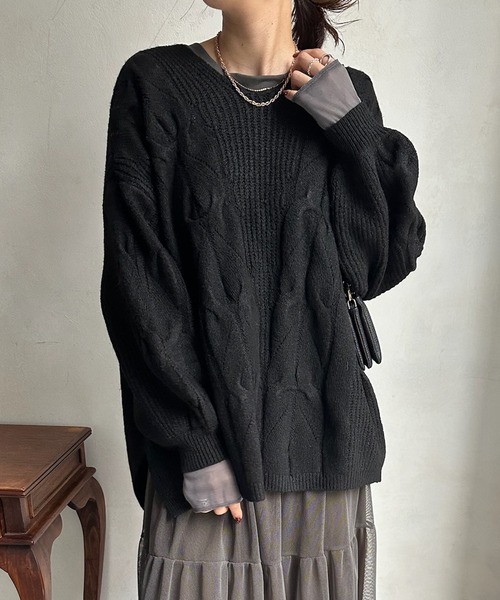 DouDou（ドゥドゥ）の「【新色追加】ケーブルチュニック（ニット/セーター・レディース・チャコールグレー/ベージュ/カーキ/ブラック・FREE）」の6枚目の写真