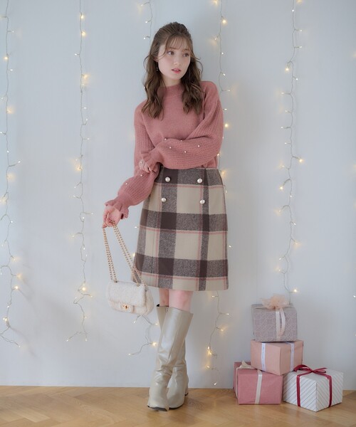 couture brooch（クチュールブローチ）の「◆フェイクパール付台形ミニスカート（スカート・レディース・ブラウン系2/ブルー系1・36/40/42/38）」の11枚目の写真