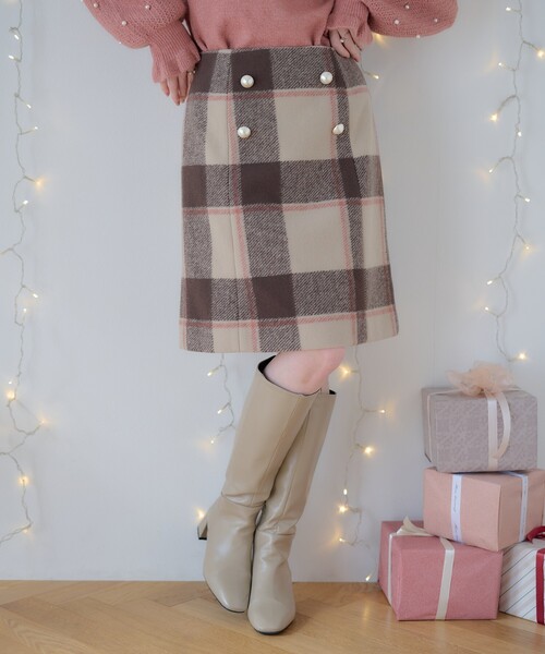 couture brooch（クチュールブローチ）の「◆フェイクパール付台形ミニスカート（スカート・レディース・ブラウン系2/ブルー系1・36/40/42/38）」の14枚目の写真