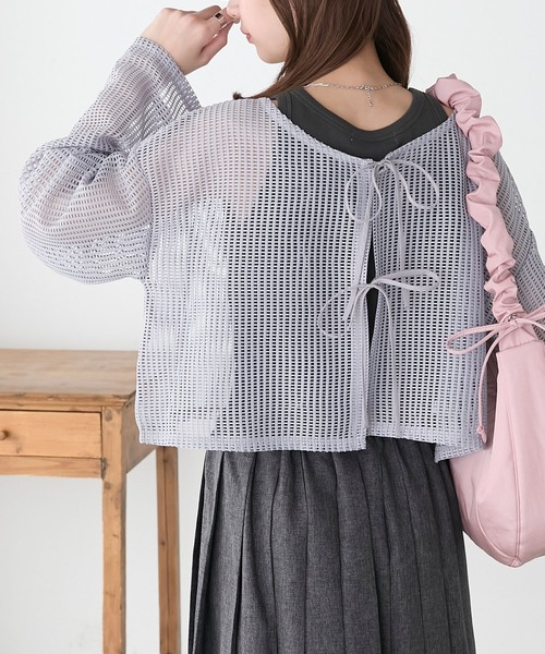 BONLECILL(ボンルシール)の「2wayフロントリボンメッシュカーディガン/プルオーバー(カーディガン/ボレロ・レディース・レッド/ライトグレー/ブラック/ライトブルー/アイボリー・FREE)」の4枚目の写真