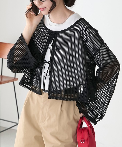 BONLECILL(ボンルシール)の「2wayフロントリボンメッシュカーディガン/プルオーバー(カーディガン/ボレロ・レディース・レッド/ライトグレー/ブラック/ライトブルー/アイボリー・FREE)」の3枚目の写真