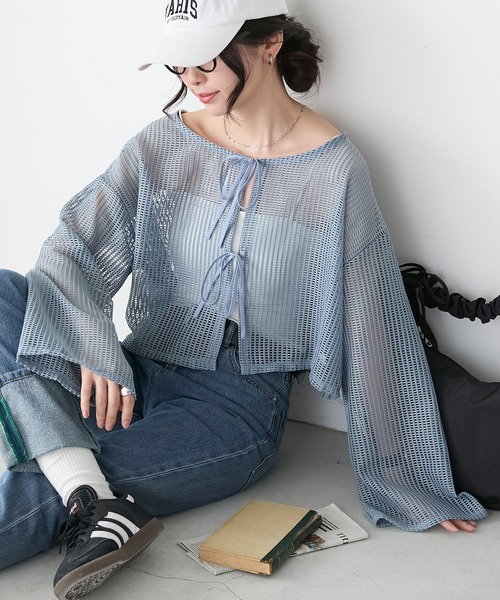 BONLECILL(ボンルシール)の「2wayフロントリボンメッシュカーディガン/プルオーバー(カーディガン/ボレロ・レディース・レッド/ライトグレー/ブラック/ライトブルー/アイボリー・FREE)」の6枚目の写真