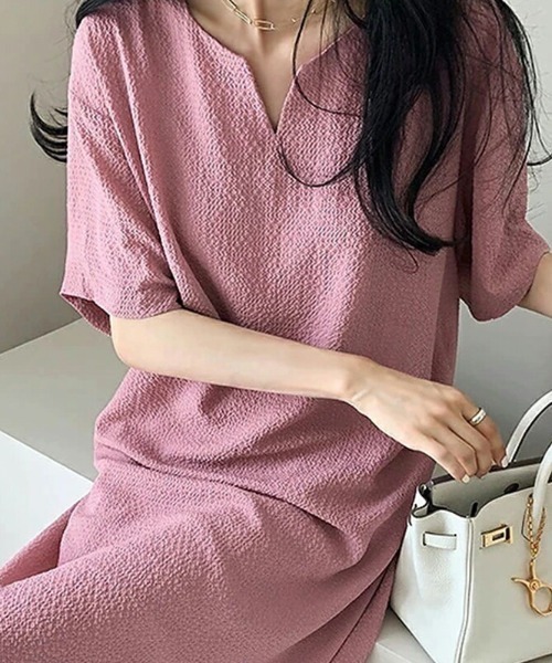 COCOMOMO(ココモモ)の「フレアヘムロングワンピース 半袖キーネック(ワンピース・レディース・ブラック/グリーン/パープル/ブラウン/ベージュ・FREE)」の13枚目の写真