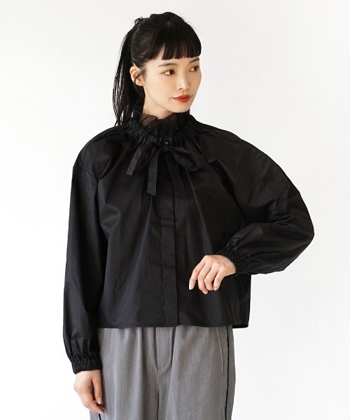 MIMIMEMETE(ミミメメット)の「チュールカラー リボンブラウス(シャツ/ブラウス・レディース・ブラック/ベージュ・M)」の3枚目の写真
