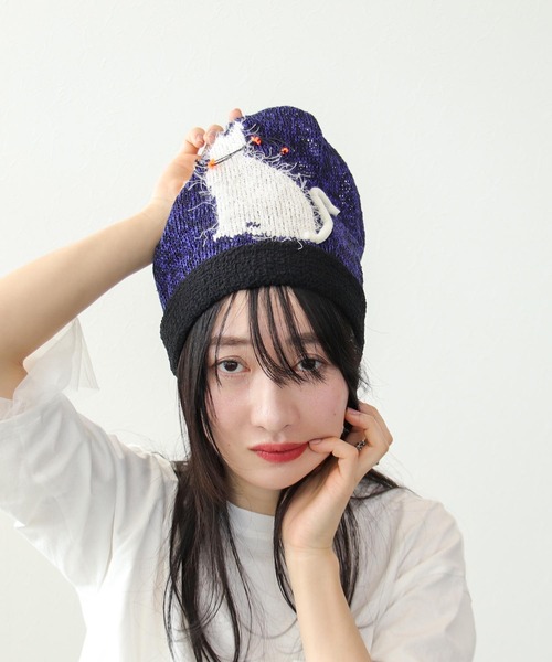 Barairo no Boushi(バライロノボウシ)の「Catシルエットニットキャップ(ニットキャップ/ビーニー・レディース・ブラック・FREE)」の1枚目の写真
