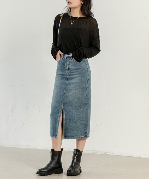 DAY CLOSET（デイ クローゼット）の「【大きいサイズ有】スラッとIライン。スリット入り デニム ナロースカート レディース（デニムスカート・レディース・ブルー/ピンク/ライトブルー/ブルー系その他/ブラック系その他・L/M/S/XS/XL/2XL）」の9枚目の写真