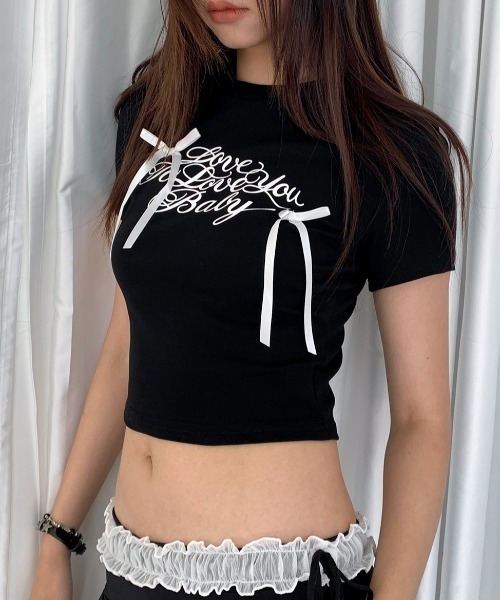 Vipoa(ヴィポア)の「ribbon lettering tee(Tシャツ/カットソー・レディース・ブラック/ホワイト・FREE)」の12枚目の写真
