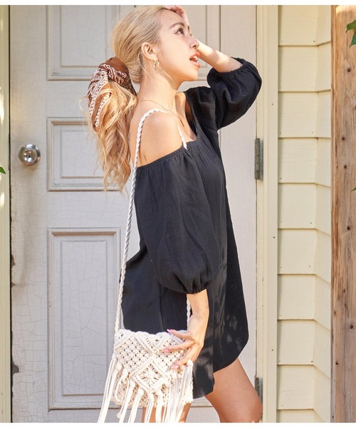 anap mimpi（アナップミンピ）の「ダブルガーゼ オフショルダー ミニワンピース（ワンピース・レディース・ブラック/ミント/ラベンダー・FREE）」の5枚目の写真