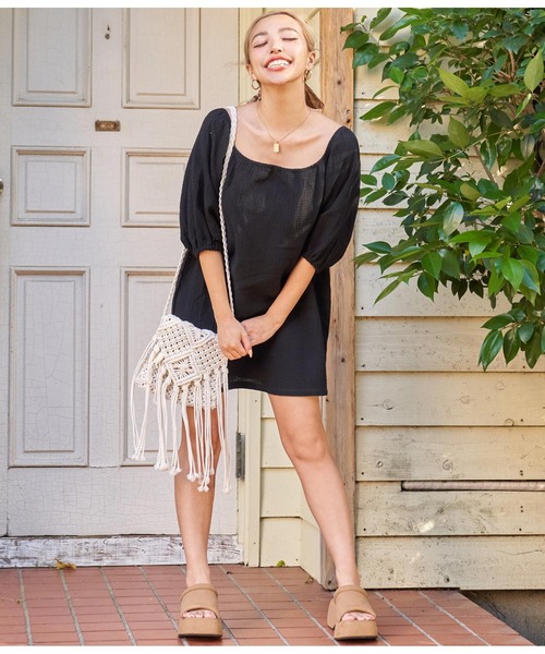 anap mimpi（アナップミンピ）の「ダブルガーゼ オフショルダー ミニワンピース（ワンピース・レディース・ブラック/ミント/ラベンダー・FREE）」の7枚目の写真