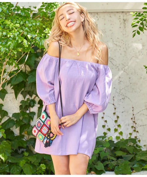 anap mimpi（アナップミンピ）の「ダブルガーゼ オフショルダー ミニワンピース（ワンピース・レディース・ブラック/ミント/ラベンダー・FREE）」の17枚目の写真