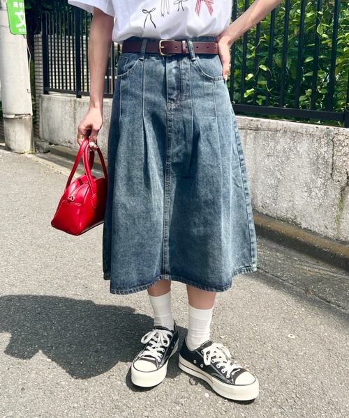 セール】ビッグプリーツミドル丈デニムスカート（デニムスカート