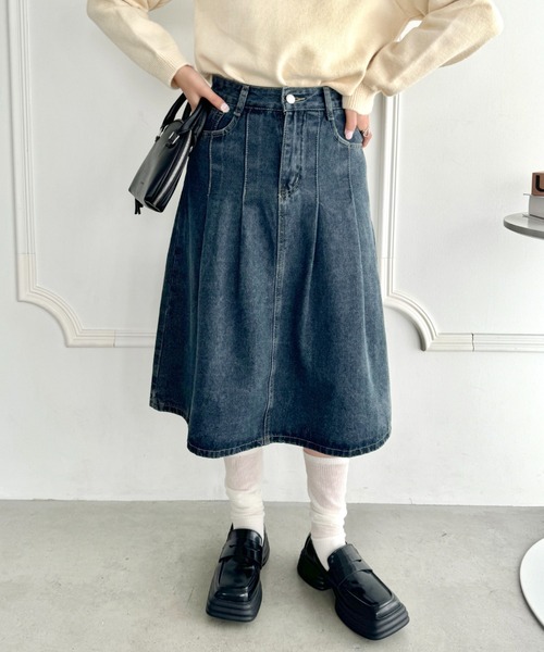 セール】ビッグプリーツミドル丈デニムスカート（デニムスカート