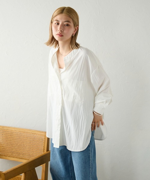 HIROKO BIS バンドカラー プリーツ シワ加工 シャツ ブラウス