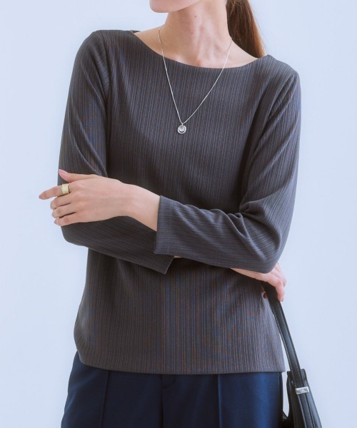 7days Life Styling（セブンデイズライフスタイリング）の「透け対策ダブルフロントランダムリブボートネック９分袖トップス（Tシャツ/カットソー・レディース・モカ/チャコール/ホワイト系/オフホワイト・LL/L/M/S）」の3枚目の写真