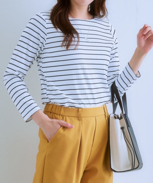 7days Life Styling（セブンデイズライフスタイリング）の「透け対策ダブルフロントランダムリブボートネック９分袖トップス（Tシャツ/カットソー・レディース・モカ/チャコール/ホワイト系/オフホワイト・LL/L/M/S）」の6枚目の写真