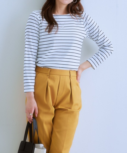 7days Life Styling（セブンデイズライフスタイリング）の「透け対策ダブルフロントランダムリブボートネック９分袖トップス（Tシャツ/カットソー・レディース・モカ/チャコール/ホワイト系/オフホワイト・LL/L/M/S）」の8枚目の写真