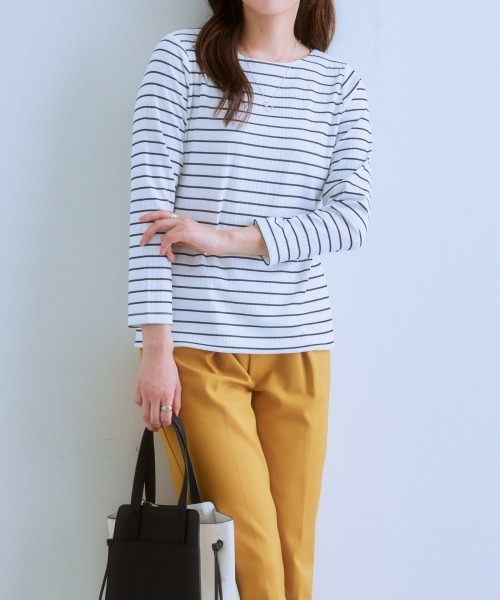 7days Life Styling（セブンデイズライフスタイリング）の「透け対策ダブルフロントランダムリブボートネック９分袖トップス（Tシャツ/カットソー・レディース・モカ/チャコール/ホワイト系/オフホワイト・LL/L/M/S）」の9枚目の写真