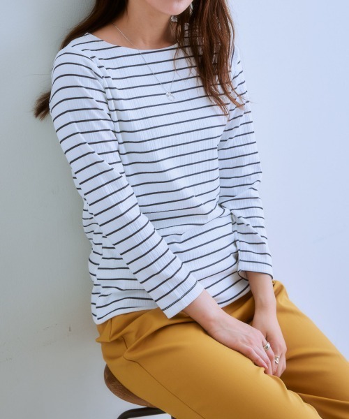 7days Life Styling（セブンデイズライフスタイリング）の「透け対策ダブルフロントランダムリブボートネック９分袖トップス（Tシャツ/カットソー・レディース・モカ/チャコール/ホワイト系/オフホワイト・LL/L/M/S）」の10枚目の写真