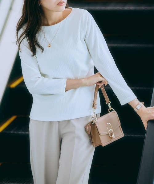 7days Life Styling（セブンデイズライフスタイリング）の「透け対策ダブルフロントランダムリブボートネック９分袖トップス（Tシャツ/カットソー・レディース・モカ/チャコール/ホワイト系/オフホワイト・LL/L/M/S）」の20枚目の写真