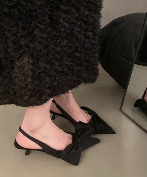 セール】リボン付き ポインテッドトゥ ミュール ヒールパンプス