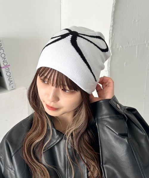 セール】リボンデザインニットビーニー（ニットキャップ/ビーニー