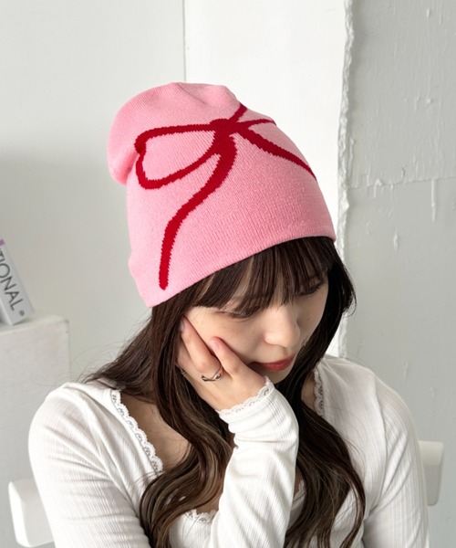 セール】リボンデザインニットビーニー（ニットキャップ/ビーニー