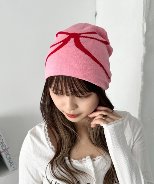 セール】リボンデザインニットビーニー（ニットキャップ/ビーニー